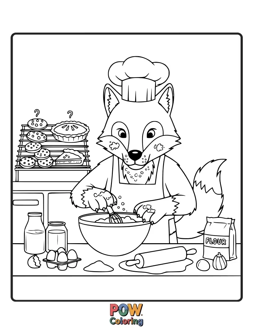 Free coloring page of A happy wolf covered in flour, surrounded by freshly baked cookies.