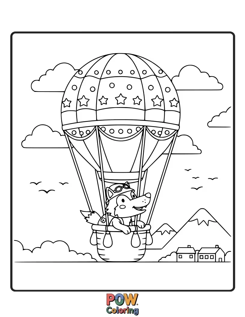 Free coloring page of A small wolf holding onto a bunch of colorful balloons, floating upwards.