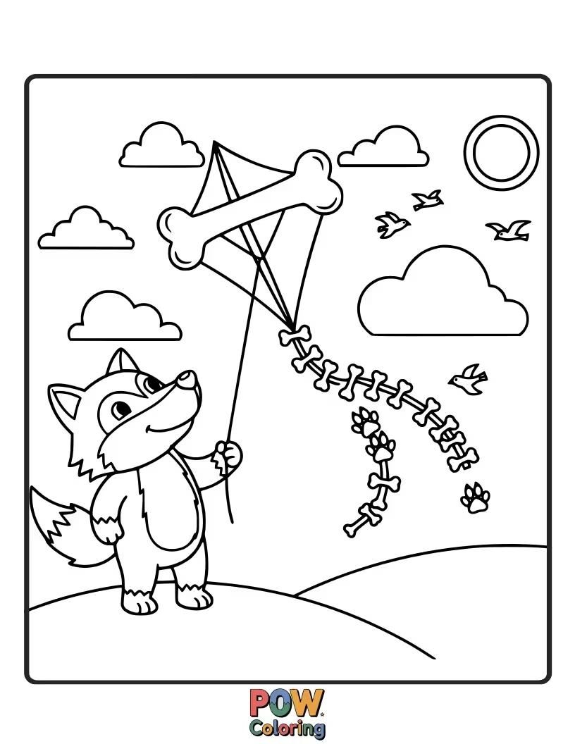 Free coloring page of A cheerful wolf running through a field, flying a colorful, whimsical kite.