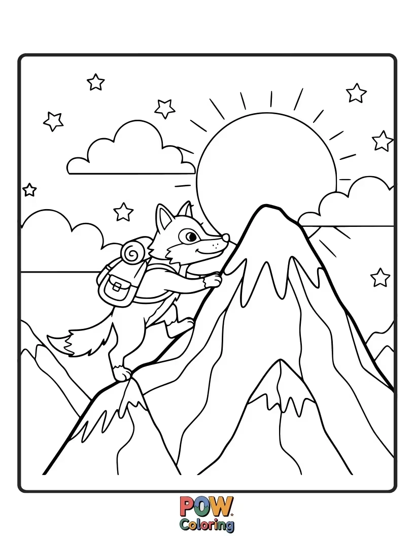 Free coloring page of A determined wolf scaling a large, friendly-looking mountain with a climbing rope.