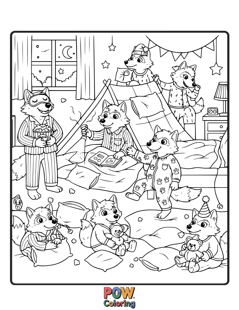 Free coloring page of Several cute wolf pups wearing pajamas, sharing popcorn and giggling sleepily.