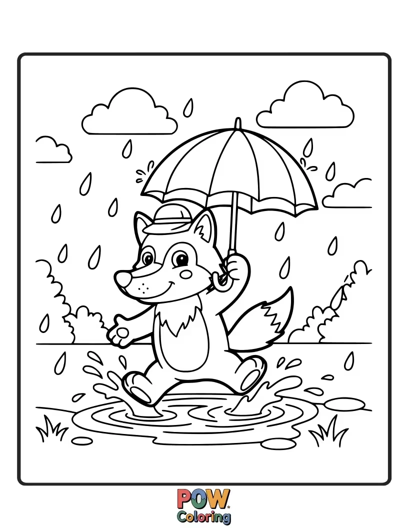 Free coloring page of A cheerful wolf splashing joyfully in puddles with cute rain boots and umbrella.