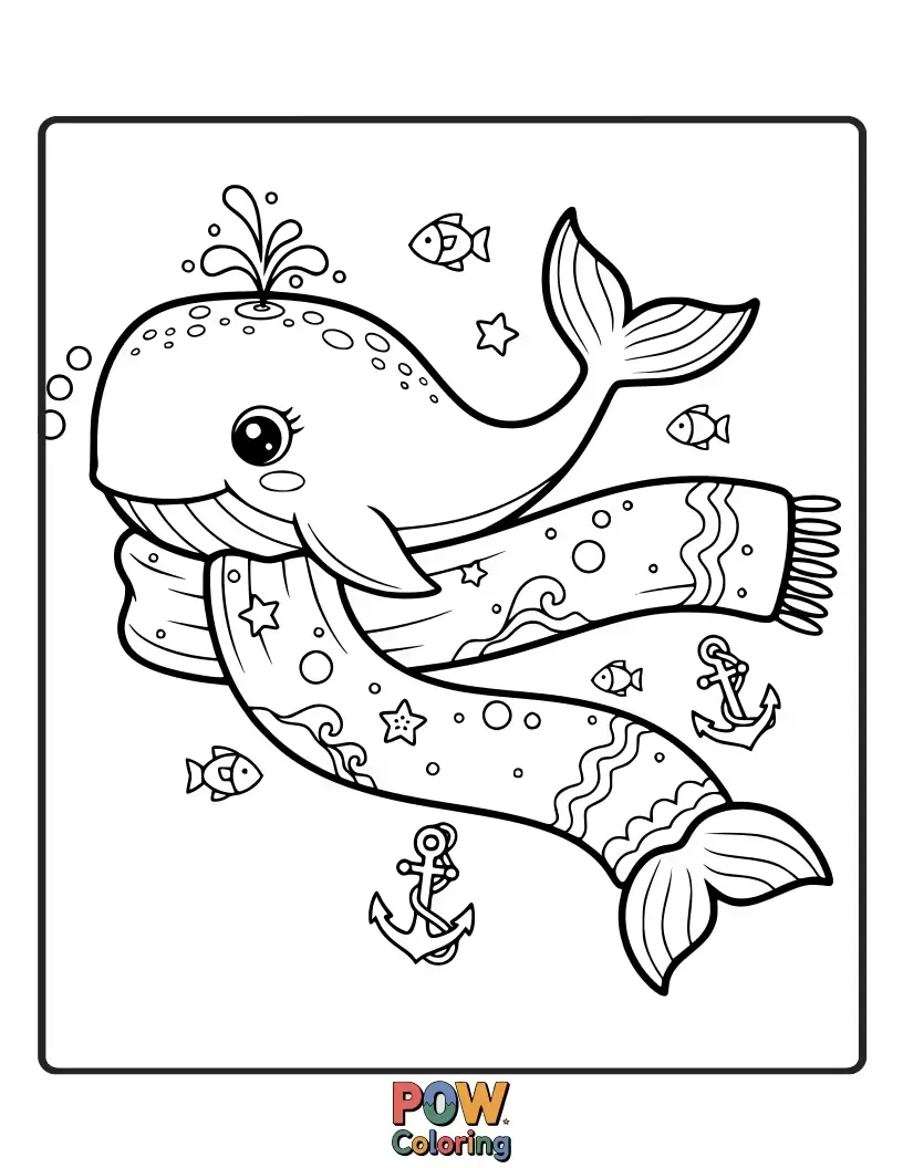Free coloring page of A majestic whale swimming with a scarf made of flowing water patterns. Create a serene aquatic masterpiece.