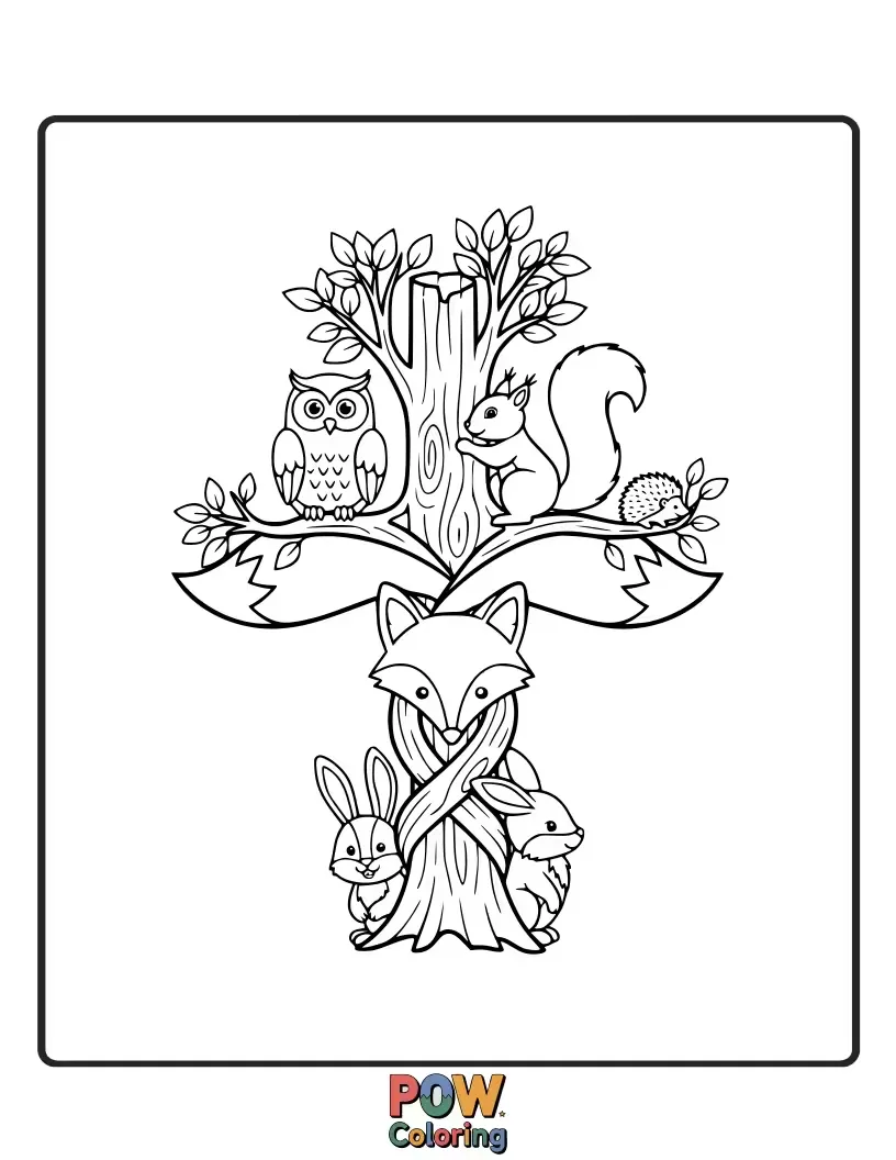 Free coloring page of A sweet cross featuring adorable forest animals peeking through its design, a whimsical natural scene.