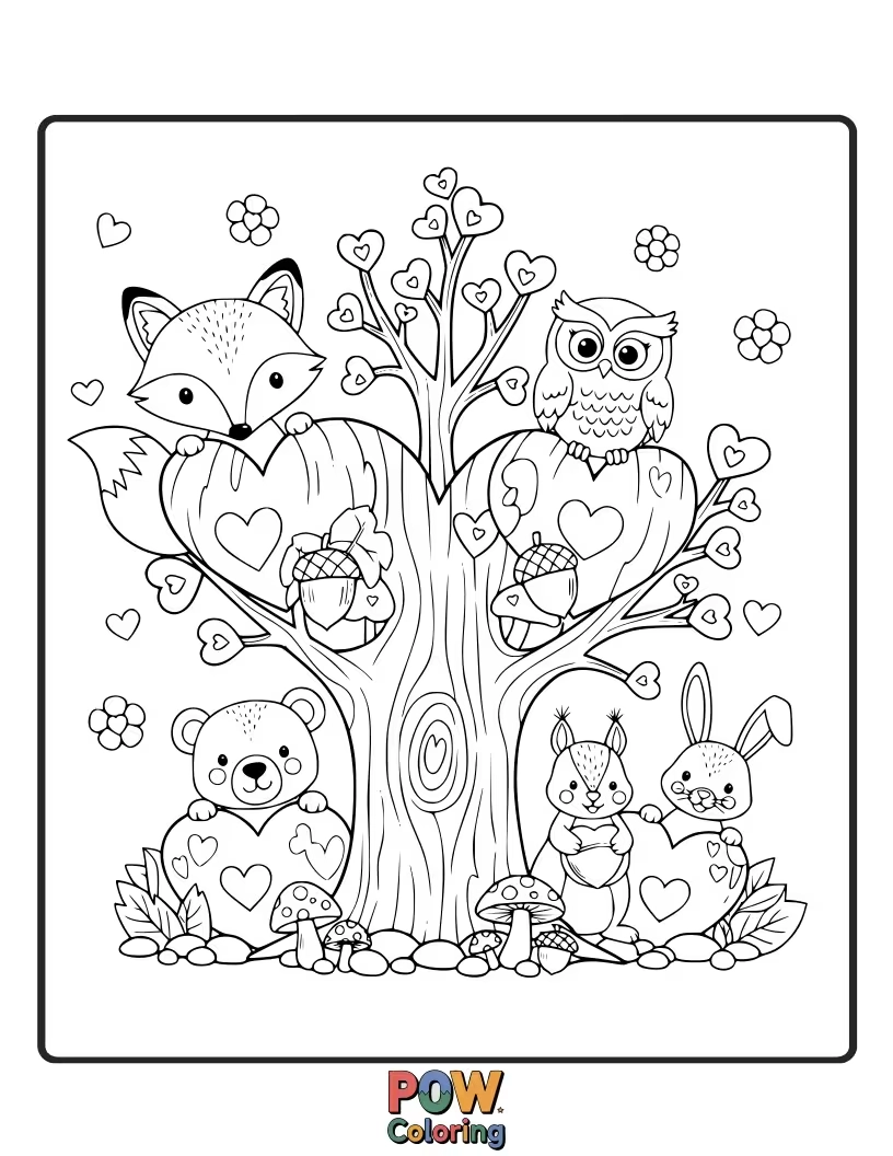 Free coloring page of Adorable forest animals peeking through heart-shaped leaves and flowers. Nature-themed charm.