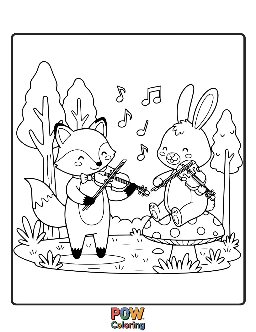 Free coloring page of A cheerful squirrel and a shy rabbit play a duet on two harmonious violins.