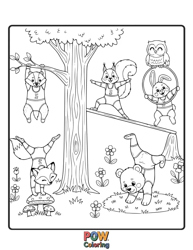 Free coloring page of Adorable forest animals like bunnies and squirrels performing cute and graceful gymnastics routines amongst flowers and trees.