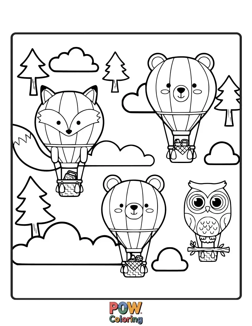 Free coloring page of Adorable woodland creatures like foxes and squirrels enjoying a cozy ride in their leafy hot air balloons.