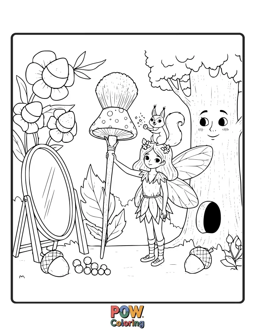 Free coloring page of A delicate fairy applying sparkly flower-petal blush. Capture the enchanting beauty of nature's makeup.