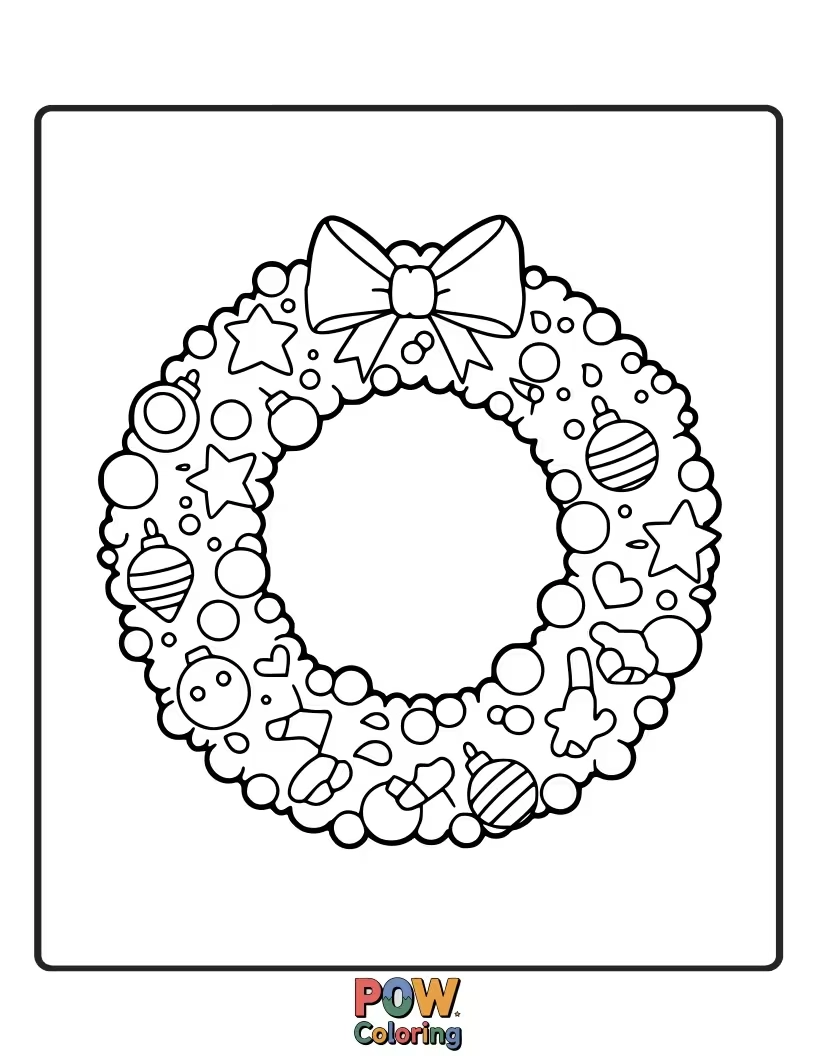 Free coloring page of A traditional Christmas wreath adorned with berries, pinecones, and colorful ornaments. A festive welcome.
