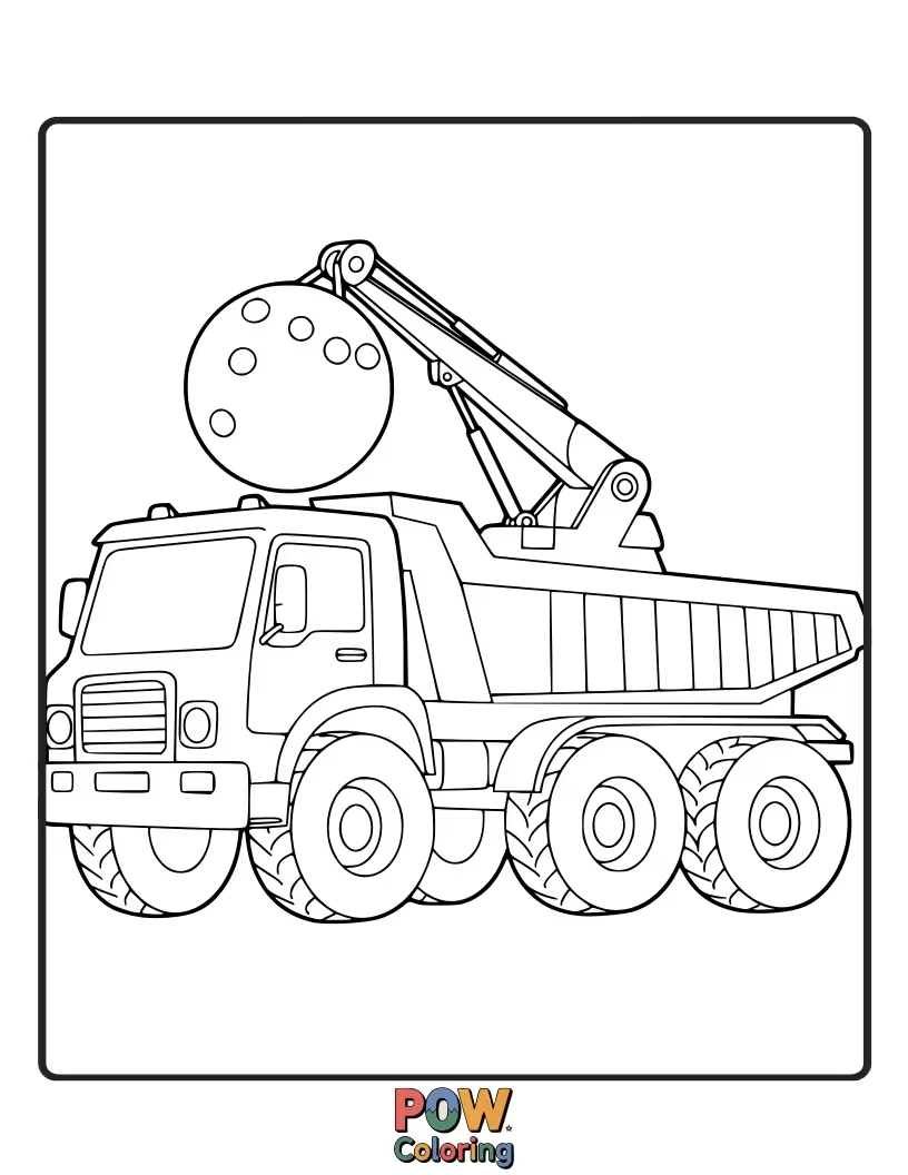 Free coloring page of A demolition truck with a wrecking ball, ready for a big job! Color its tough exterior.