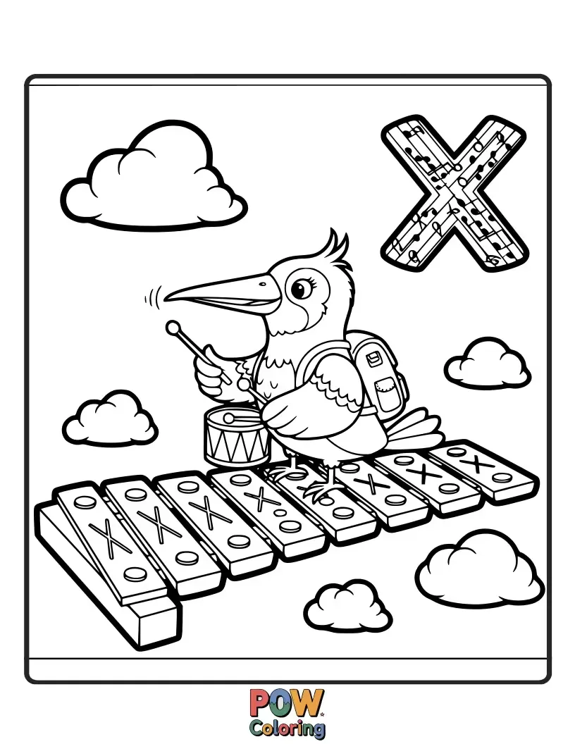 Free coloring page of A brightly colored bird with wings outstretched, creating music on a xylophone. Exotic, unique, and delightfully vibrant.