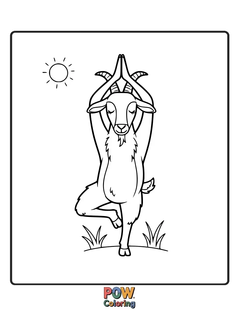 Free coloring page of A peaceful goat in a graceful yoga pose (e.g., downward-facing dog variation) in a serene natural setting.