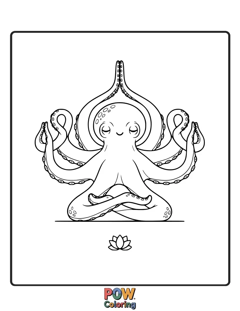 Free coloring page of A flexible octopus holding a challenging yoga pose with all eight tentacles, looking serene and balanced.