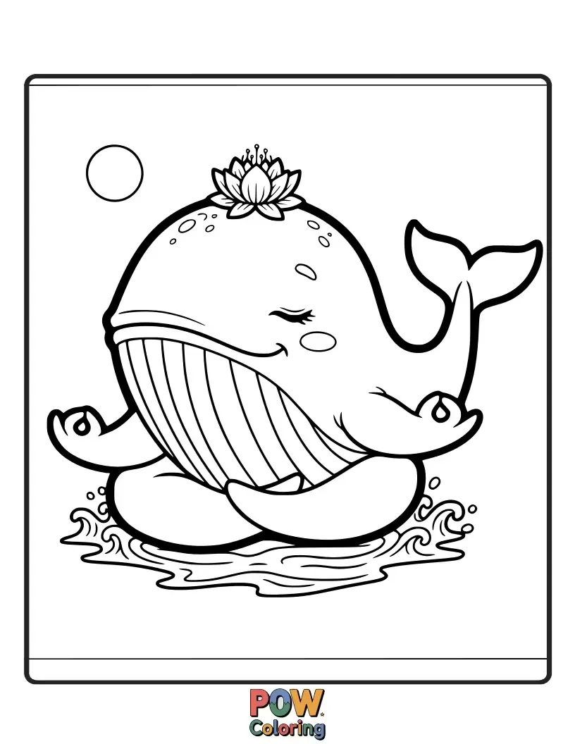 Free coloring page of A peaceful whale in a serene underwater yoga pose, surrounded by calming seaweed and gentle currents.