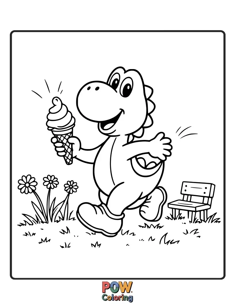 Free coloring page of Yoshi holding a small ice cream cone in a park.