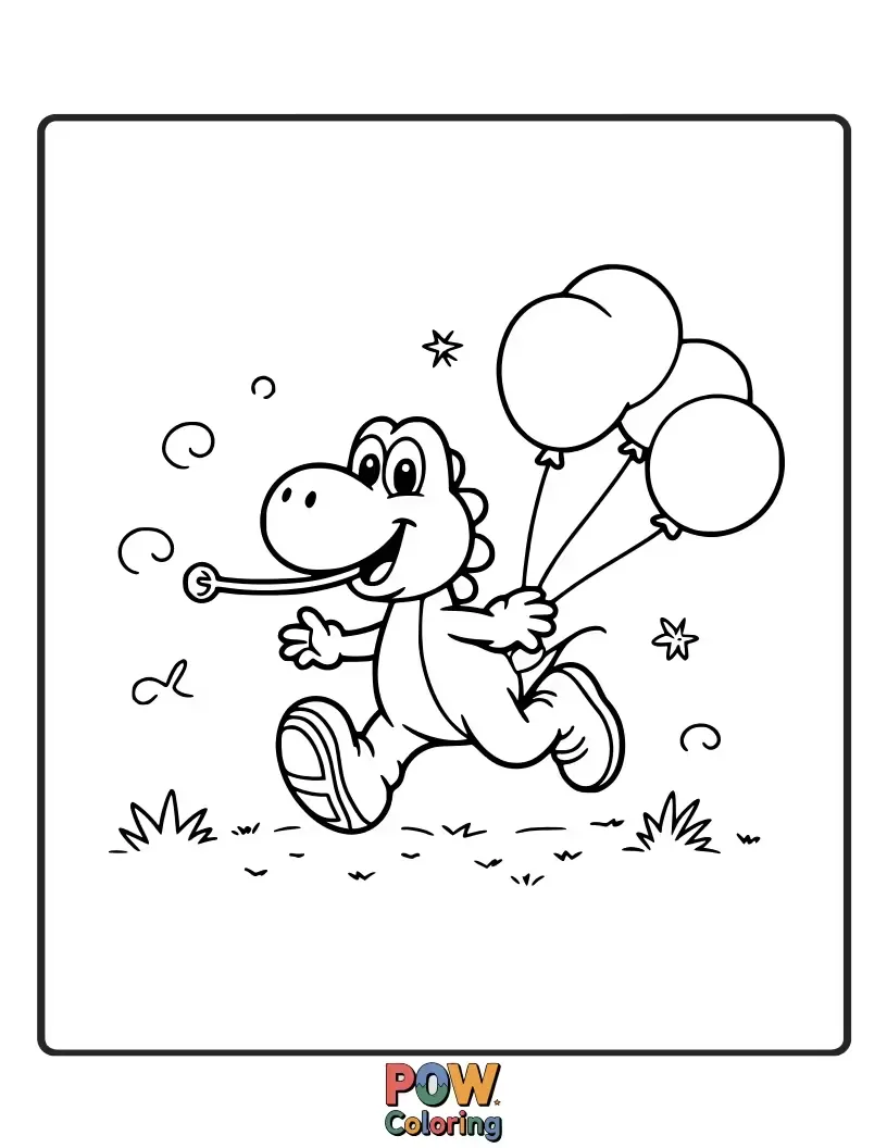 Free coloring page of Charming Yoshi with his long tongue along with a bunch of balloons.
