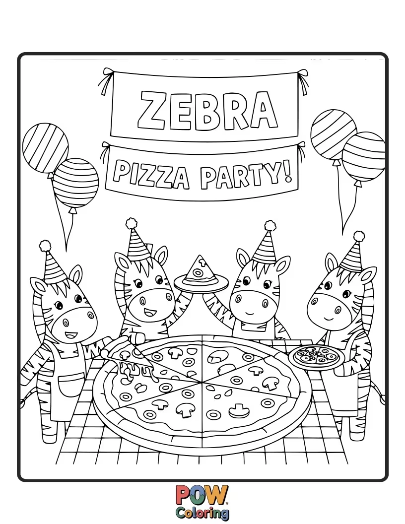 Free coloring page of A dapper zebra wearing a chef's hat, serving slices of pizza to its animal friends. Delicious fun!