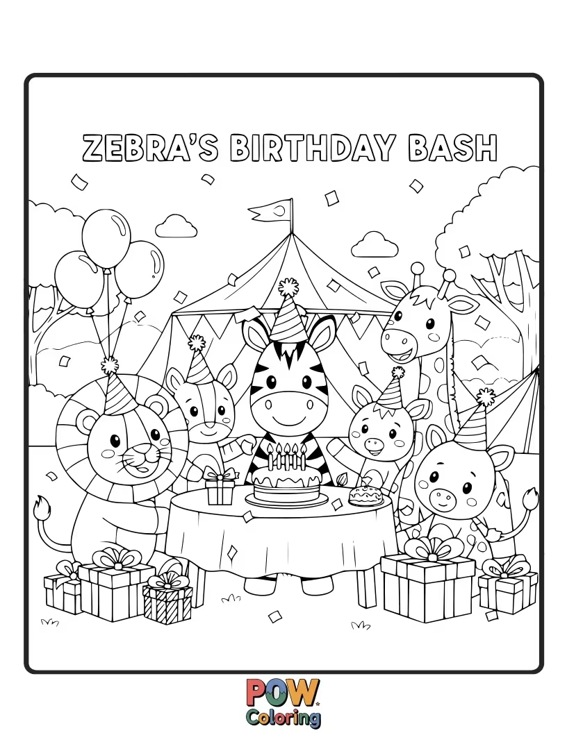 Free coloring page of A joyous zebra with a party hat, blowing out candles on a giant cake. Balloons abound!