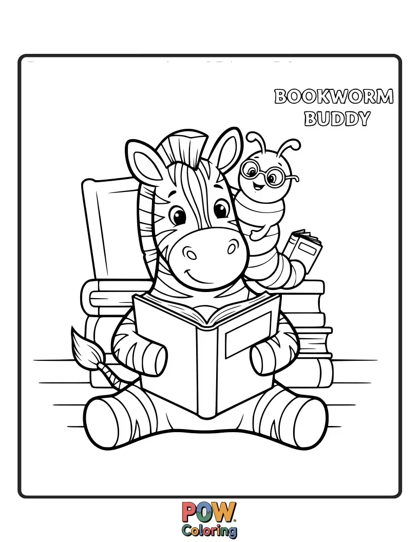 Free coloring page of A studious zebra with glasses, engrossed in reading a giant, open book filled with illustrations.