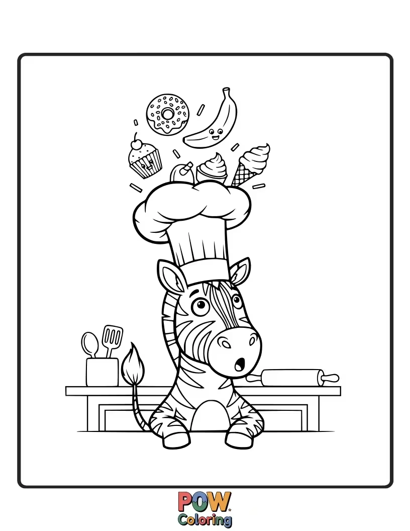 Free coloring page of A silly zebra wearing an oversized chef's hat, covered in flour and looking surprised.
