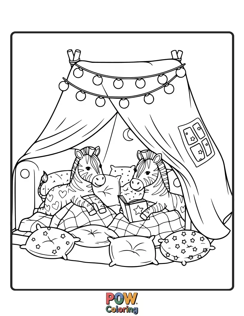 Free coloring page of A snug zebra peeking out from a colorful blanket fort, surrounded by pillows and toys.