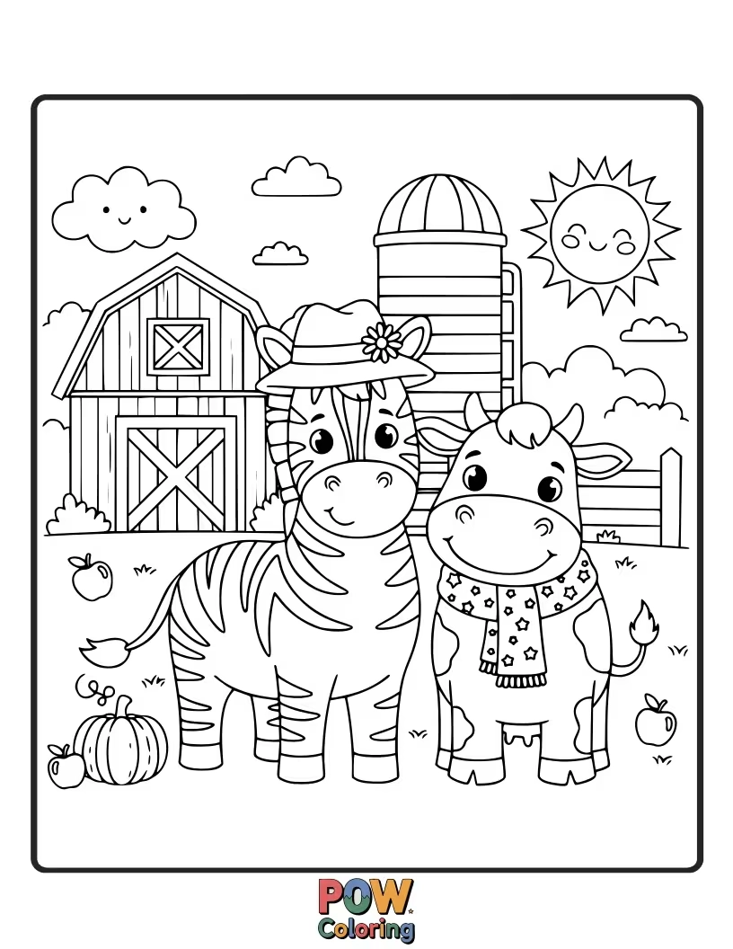 Free coloring page of A friendly zebra helping a little chick cross the farmyard. A helpful and kind scene.