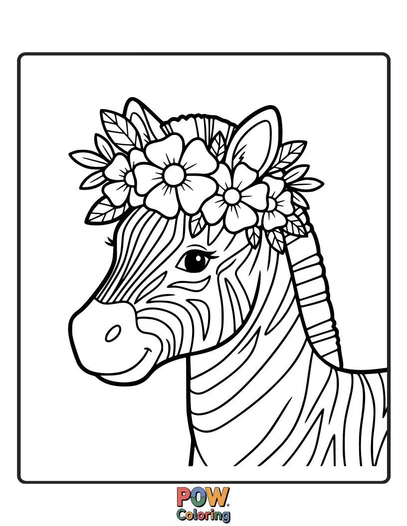 Free coloring page of A pretty zebra adorned with a crown of beautiful, colorful wildflowers. Simply charming!