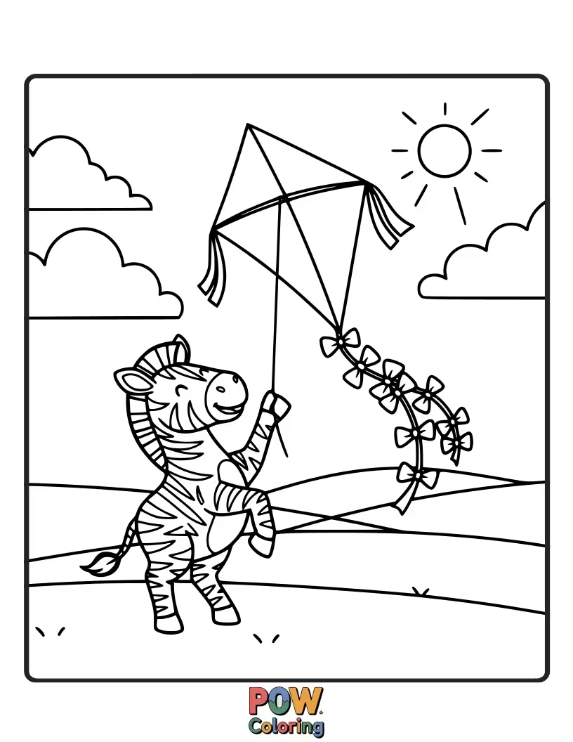 Free coloring page of A spirited zebra running with a colorful kite soaring high in a bright blue sky.