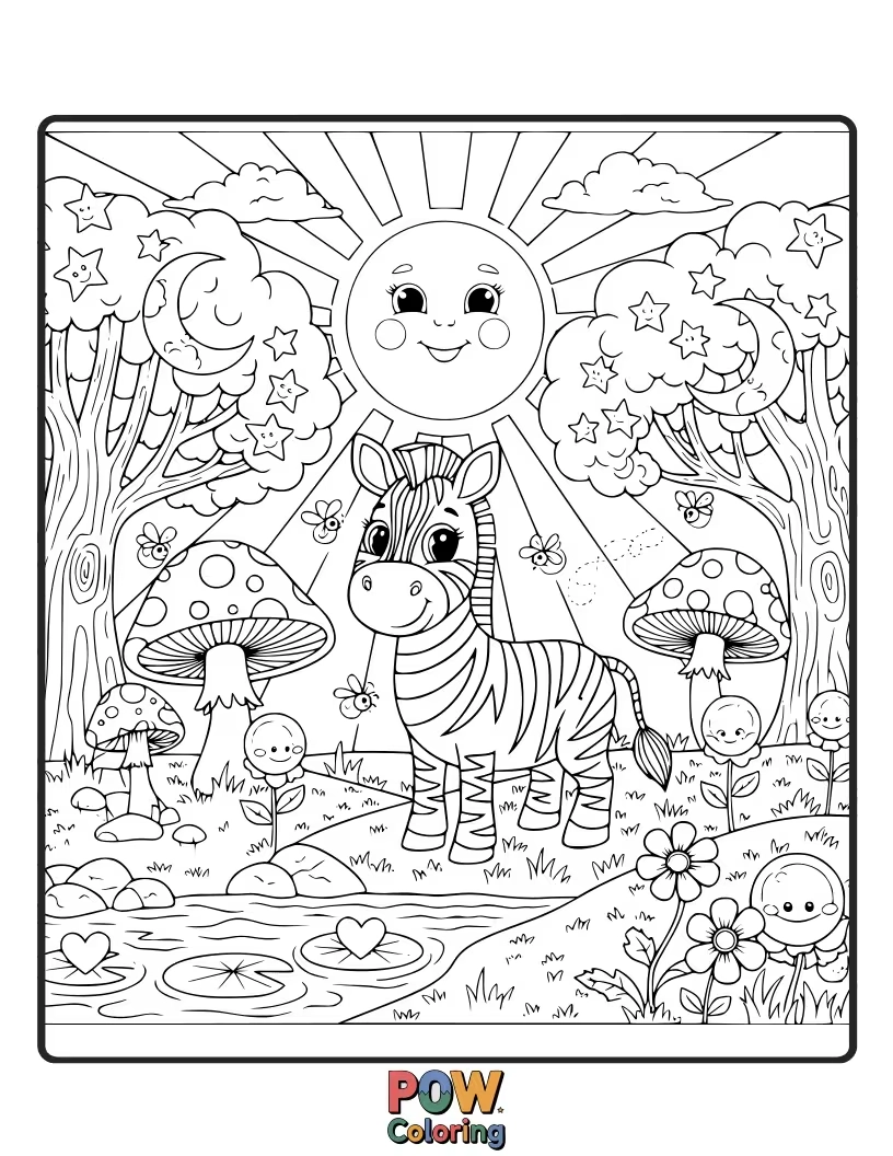 Free coloring page of A whimsical zebra exploring a mystical forest filled with glowing mushrooms and friendly sprites.