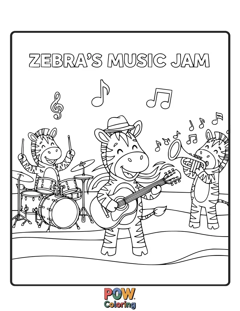 Free coloring page of A cool zebra with headphones, jamming out to music with a guitar and microphone.