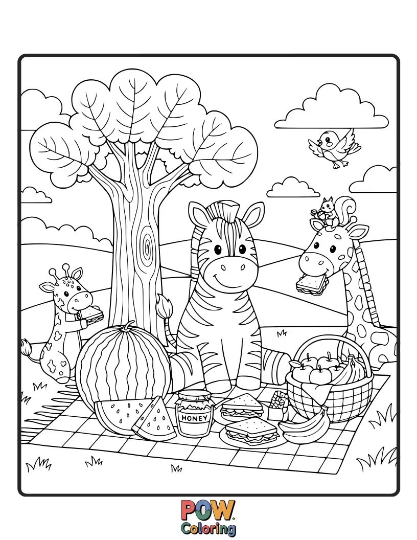Free coloring page of A happy zebra with a picnic basket, sharing sandwiches and fruit with butterflies in a sunny meadow.