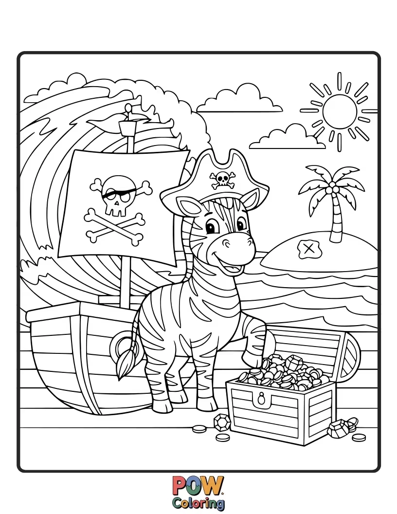 Free coloring page of A daring zebra dressed as a pirate, searching for treasure on a sandy island.
