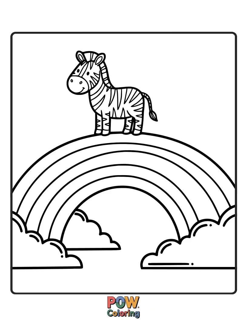 Free coloring page of A graceful zebra prancing across a shimmering rainbow bridge leading to a castle in the clouds.