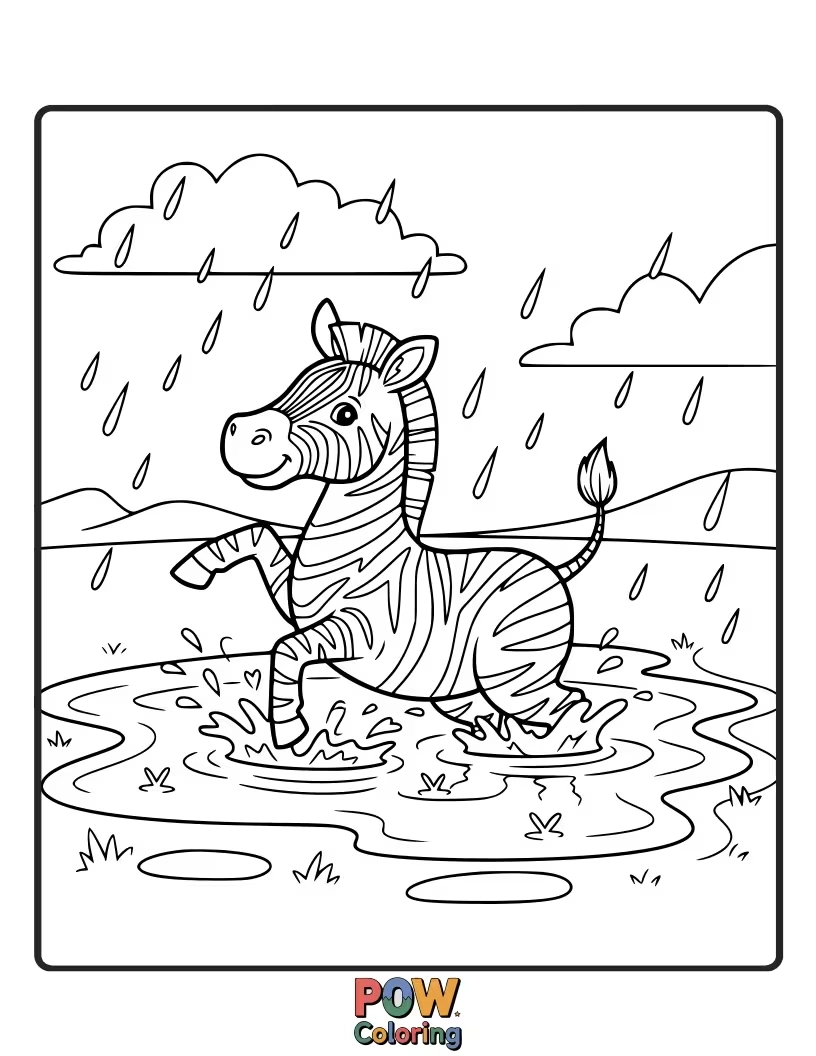 Free coloring page of A playful zebra joyfully splashing in a large puddle, with colorful raindrops falling all around.