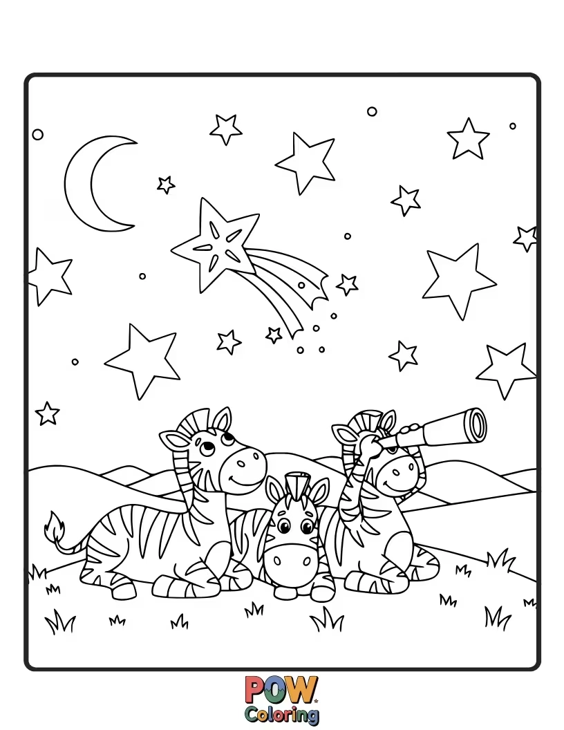 Free coloring page of A serene zebra lying on its back, watching a meteor shower light up the night sky.