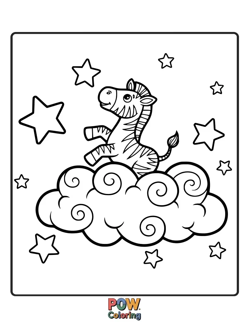 Free coloring page of A gentle zebra riding a fluffy cloud through a sky filled with friendly stars.