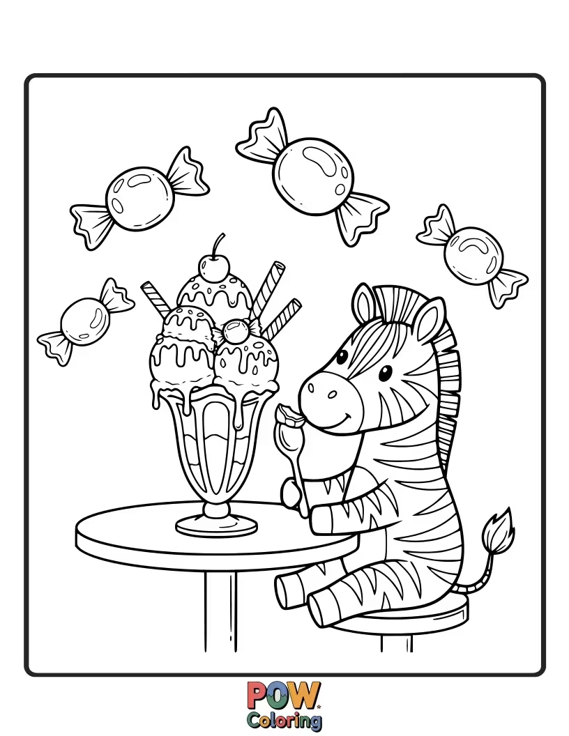 Free coloring page of A delighted zebra enjoying a giant ice cream cone with colorful sprinkles and a cherry on top.