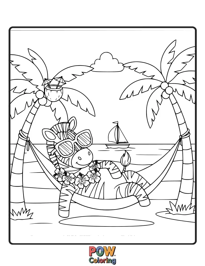 Free coloring page of A relaxed zebra in sunglasses, lounging on a beach chair under a palm tree with a cool drink.