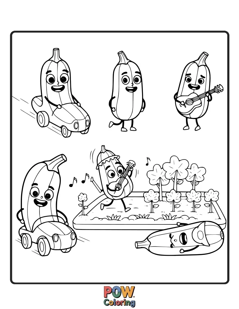 Free coloring page of Speedy zucchini zipping around a racetrack, leaving a trail of colorful enthusiasm behind them.