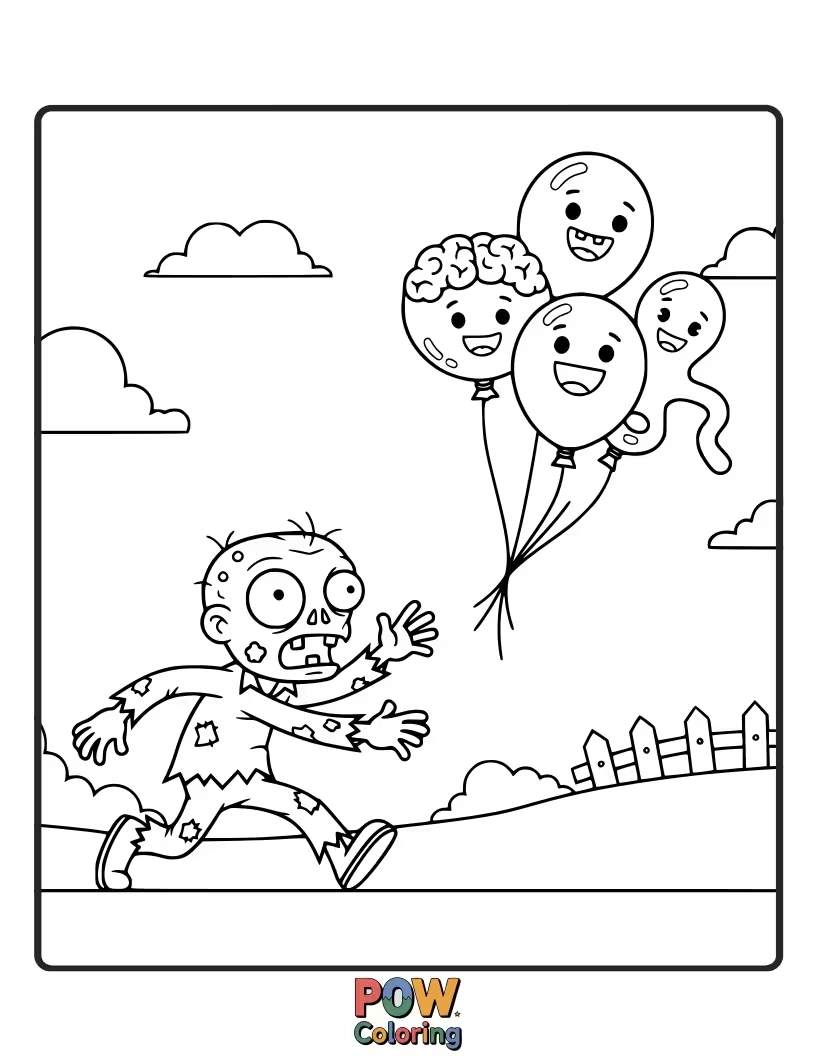 Free coloring page of A zombie joyfully chasing a single, brightly colored balloon that’s just out of reach.