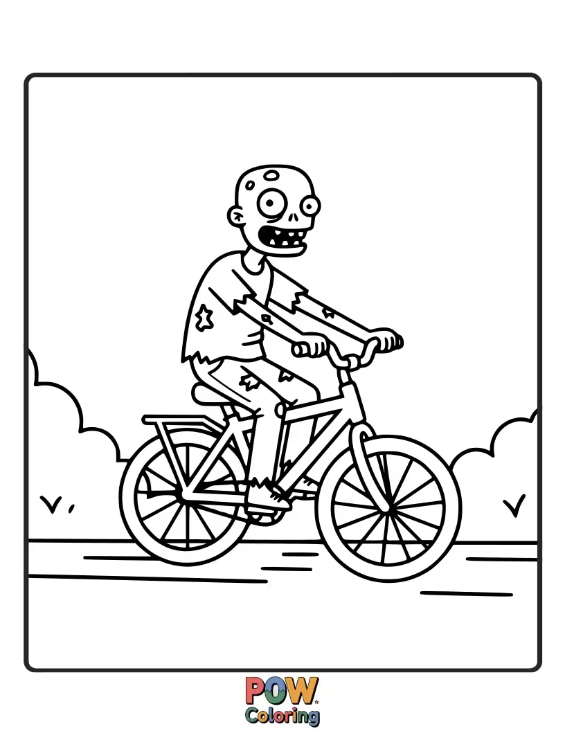 Free coloring page of A zombie wobbling hilariously down a path on a bicycle with wobbly wheels.