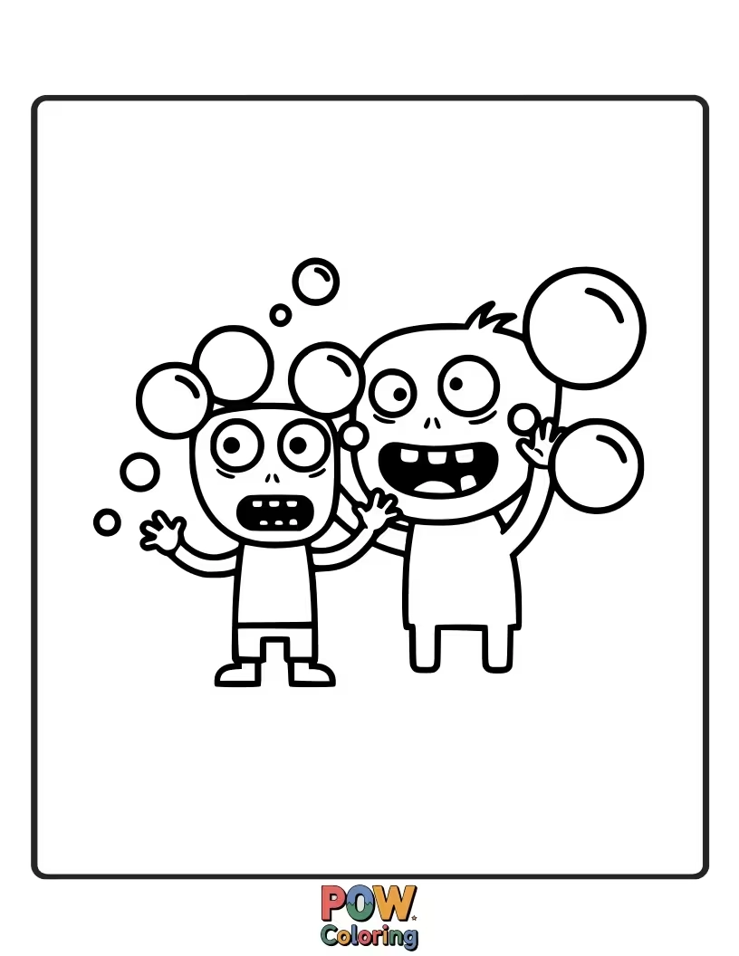 Free coloring page of A zombie enthusiastically blowing giant bubbles, some of which have popped.