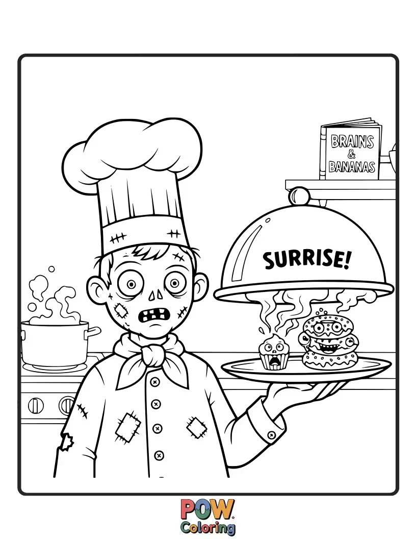 Free coloring page of A zombie chef proudly presenting a dish that's clearly a collection of mismatched ingredients.