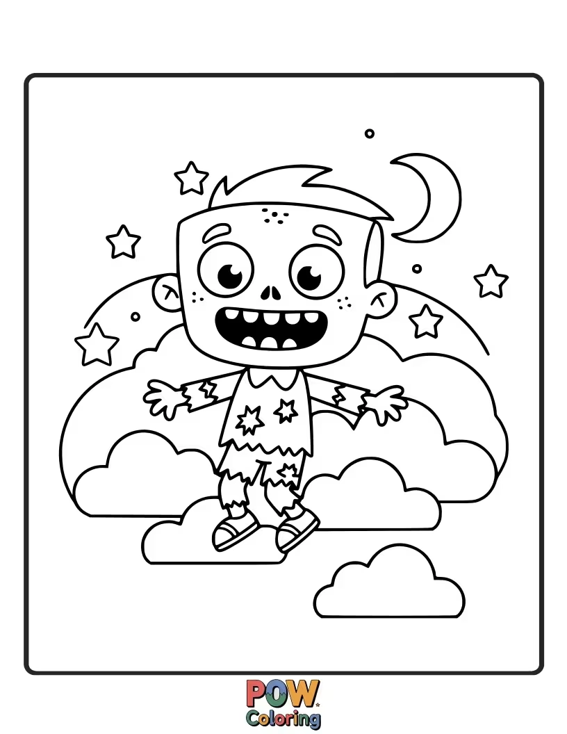 Free coloring page of A zombie pointing at fluffy clouds, imagining whimsical shapes and creatures.