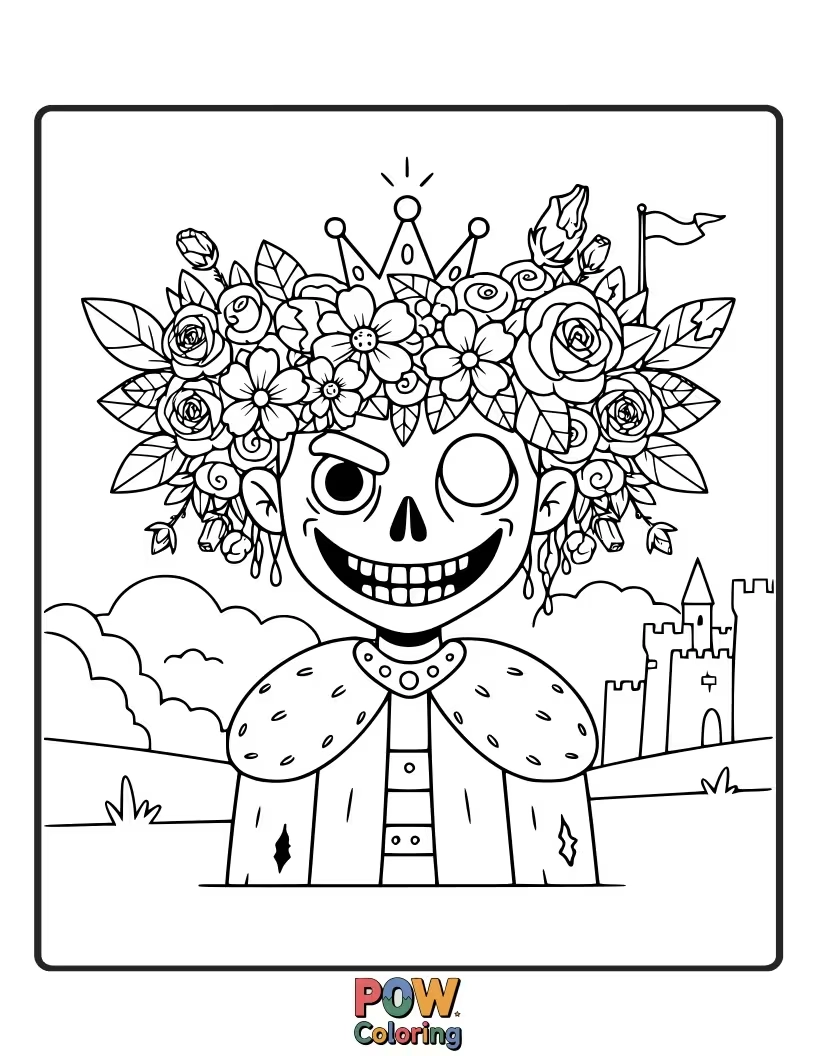 Free coloring page of A zombie proudly wearing a slightly lopsided flower crown, looking regal.