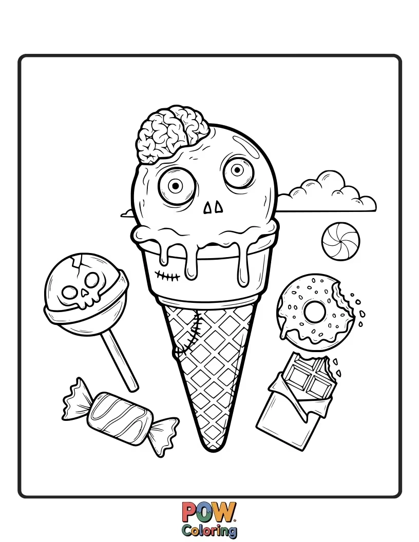 Free coloring page of A zombie happily licking a ridiculously oversized ice cream cone that's melting everywhere.