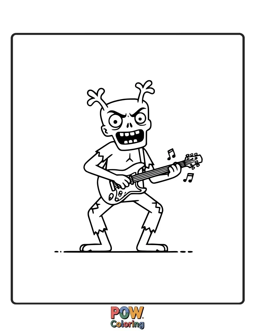 Free coloring page of A zombie bopping its head to unheard music, holding a broken instrument.