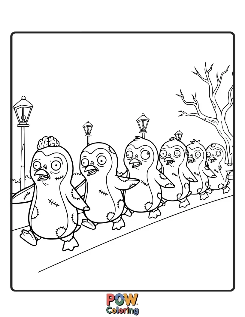 Free coloring page of A zombie leading a line of tiny, shuffling zombie penguins in a snowy landscape.