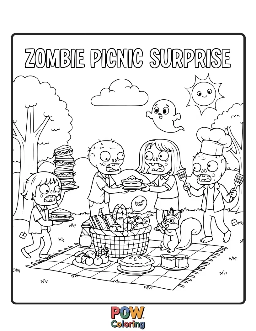 Free coloring page of A zombie enjoying a picnic, with ants hilariously trying to steal its sandwich.